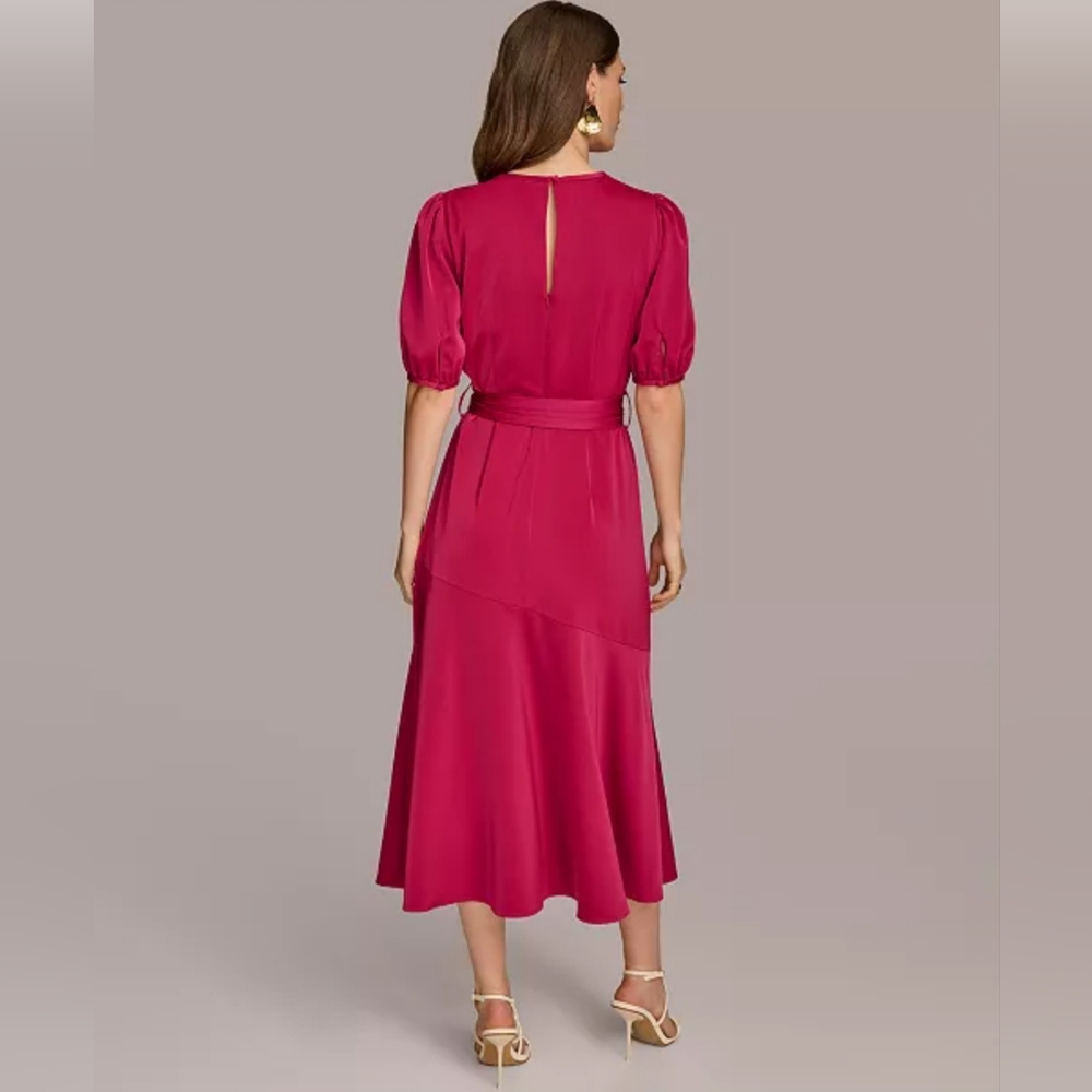 Donna Karan Fuchsia Midi Dress with Puff Sleeves - Picture 2 of 9